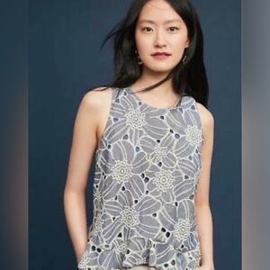 Anthropologie Floral Lace Sleeveless Top - BlueGray and White Medium